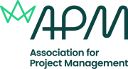 The letters APM in a stylish font with the Association for Project Management below and a lime green geometric design to the left