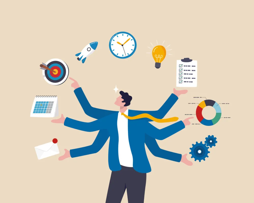 Illustration of figure juggling work items like clock, lightbulb, charts, and documents