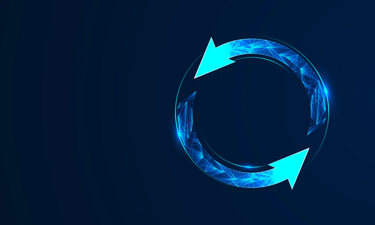Glowing blue circular arrow forming a ring against dark background