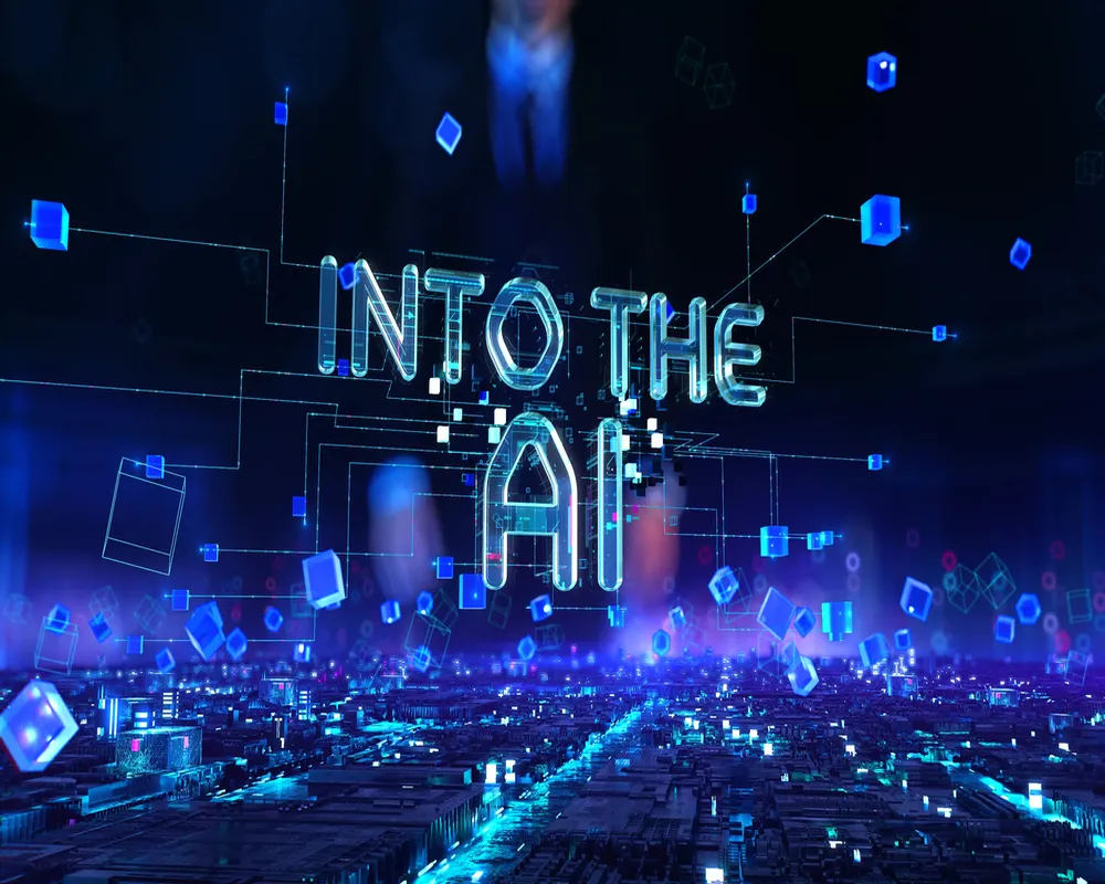 Glowing neon 'INTO THE AI' text floating above illuminated computer chips