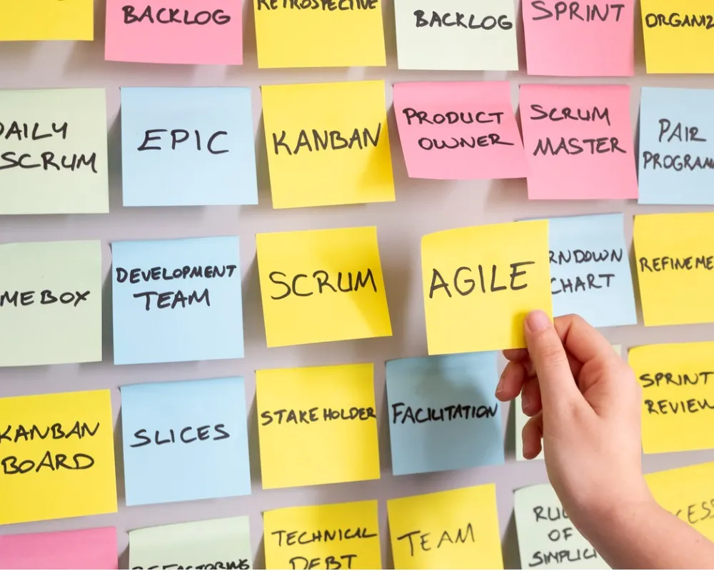 Colorful sticky notes on wall with business terms like 'Epic', 'Agile', and 'Team', hand placing note