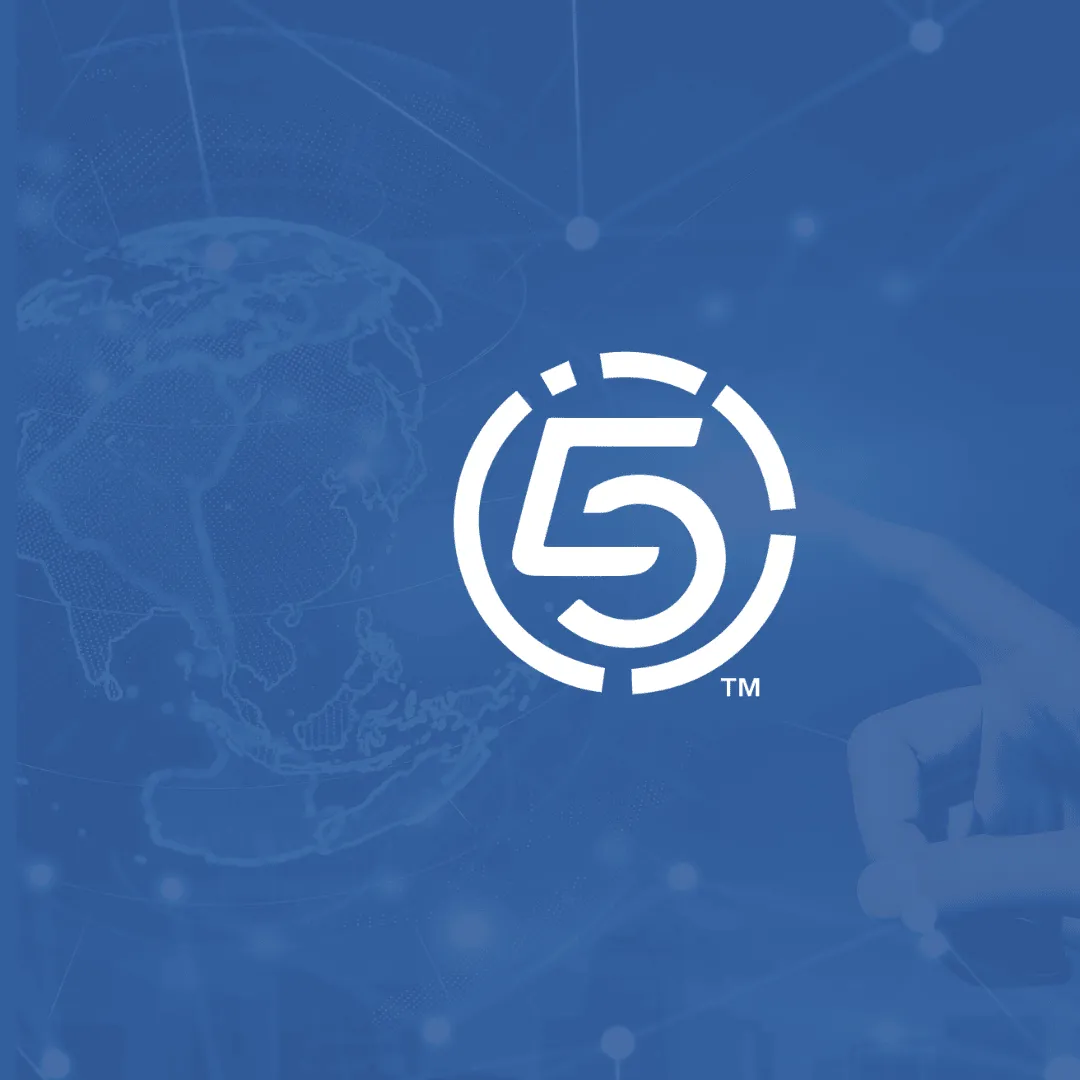 White circular number 5 logo on blue gradient background with faint world map overlay