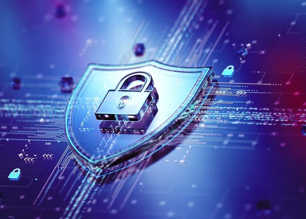Digital security shield with padlock icon glowing in blue and purple cybersecurity background