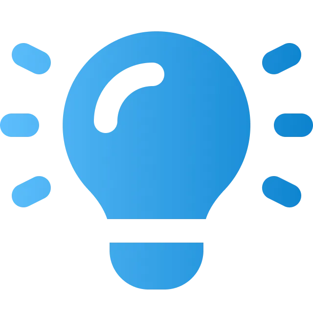 Bright blue light bulb icon with radiating lines suggesting illumination