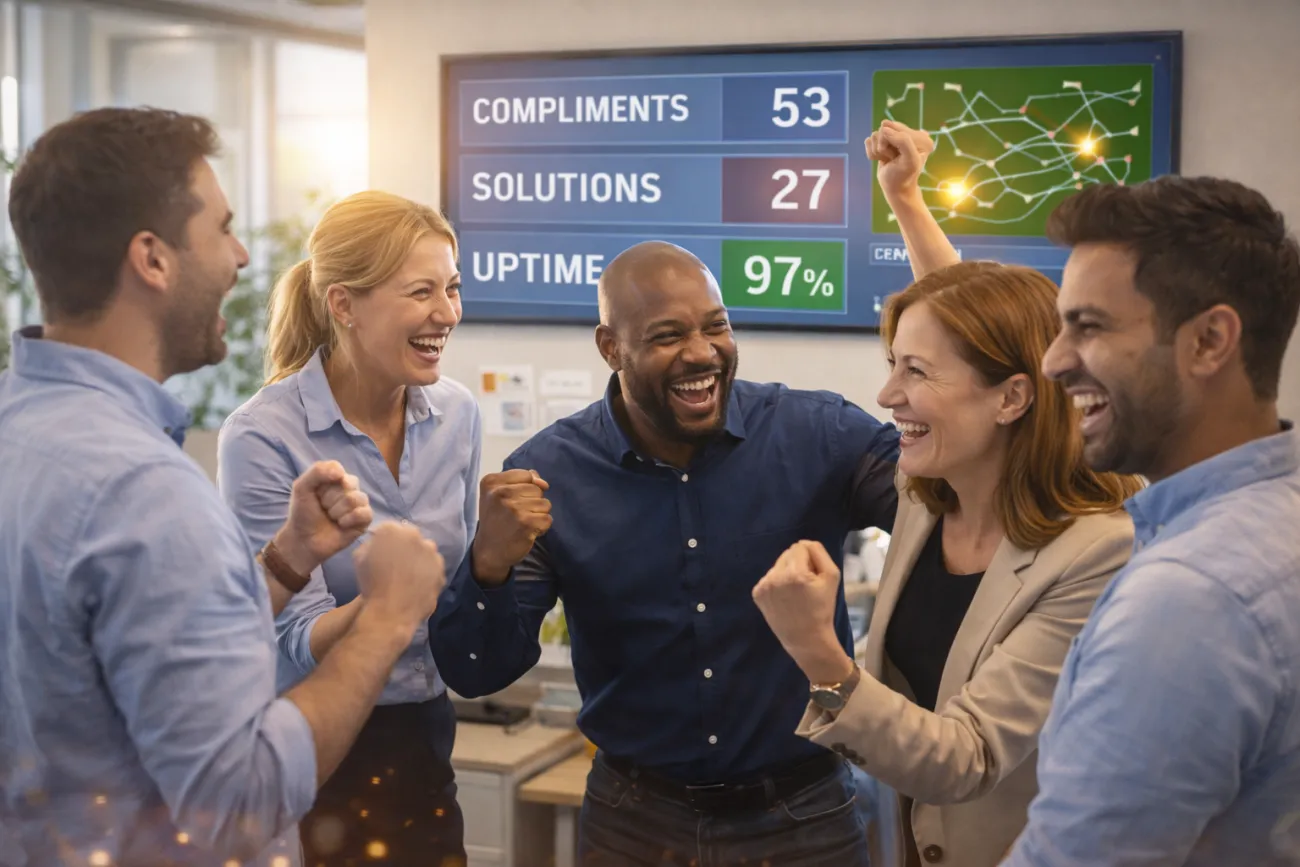 Team members gathered in discussion with scoreboard visible in background