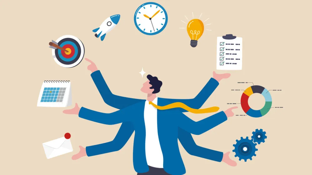 Illustration of figure juggling work items like clock, lightbulb, charts, and documents