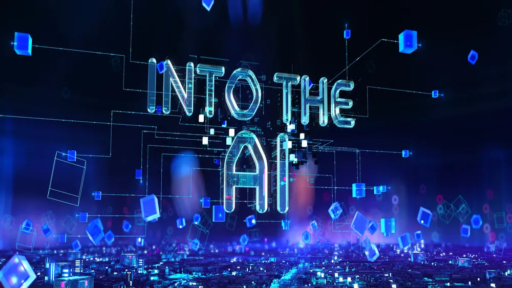 Glowing neon 'INTO THE AI' text floating above illuminated computer chips