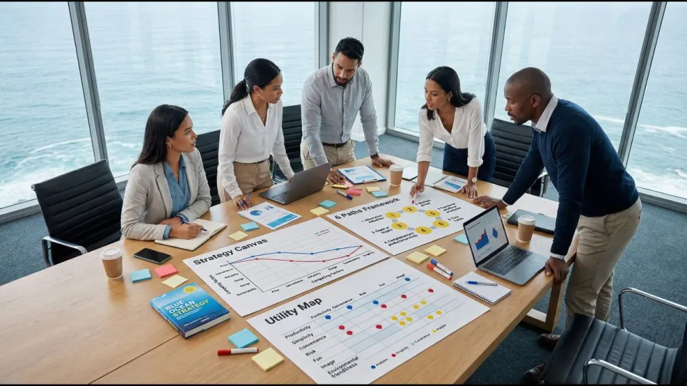 A group of people gather around a conference table reviewing printed strategy charts, maps, and graphs, with laptops and coffee cups on the table and an ocean view through large windows behind them.