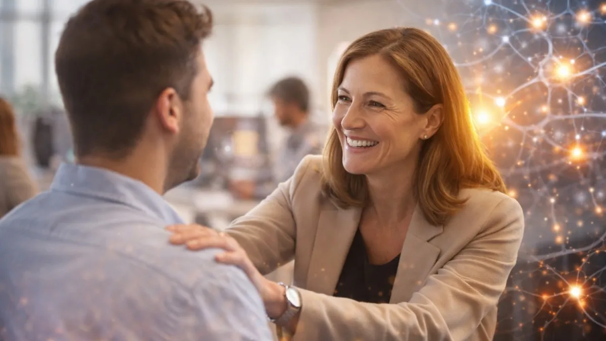 Woman and man smiling at each other with sparkling light effects in background