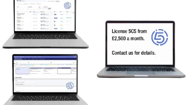 Three laptop screens displaying 5CS use examples and sales information